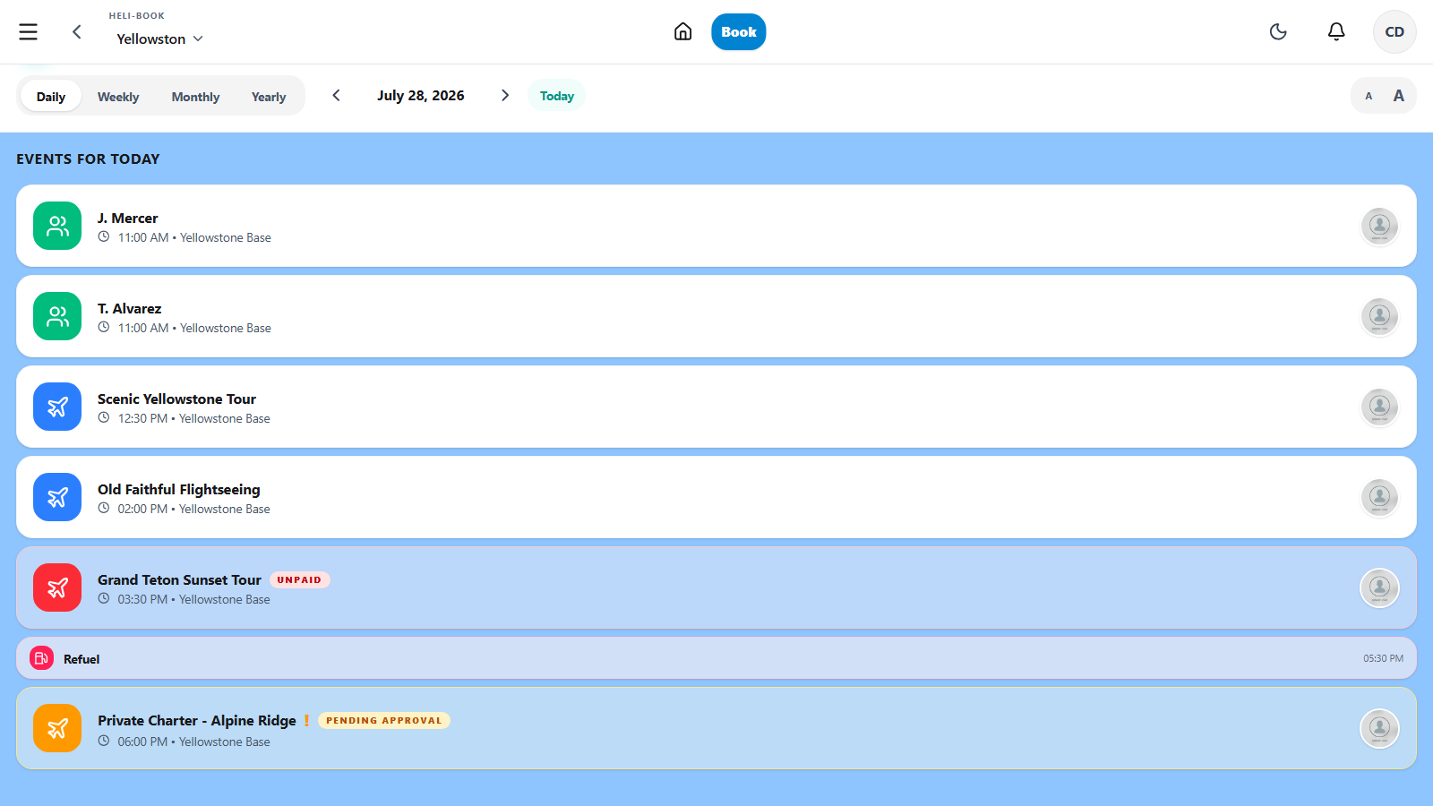 HeliBook scheduling and dispatch view
